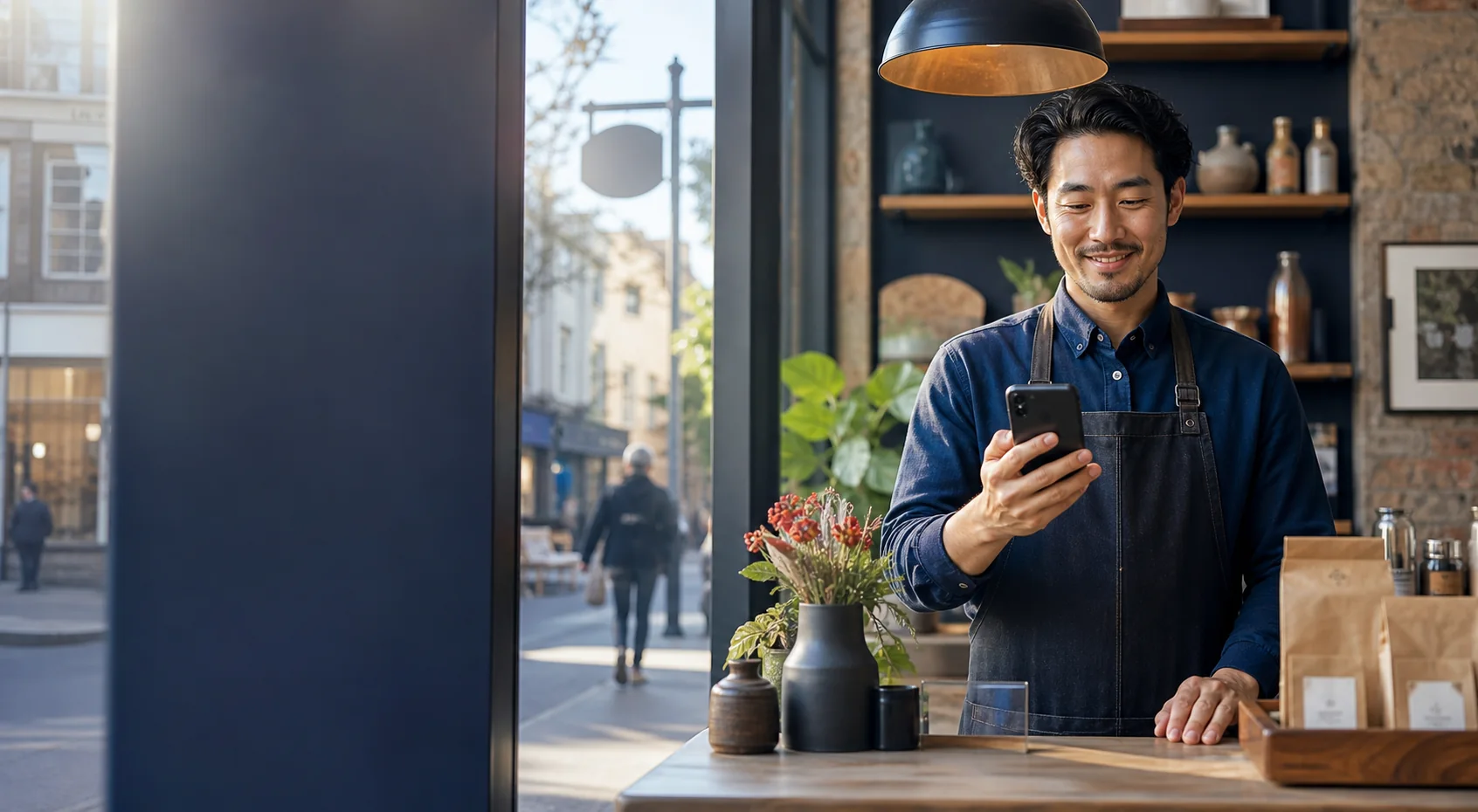 UK local business owner using a smartphone in a modern shop